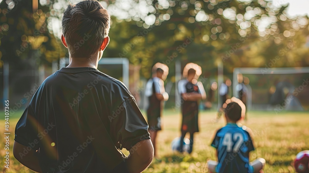 Fototapeta premium Children playing soccer and football with players, outdoors in a park, amidst nature and under autumn skies