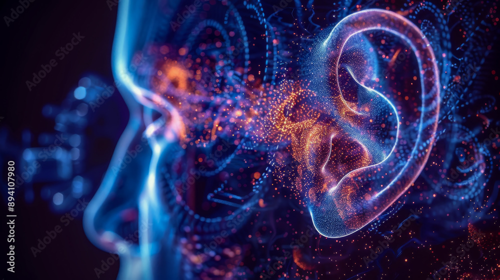 Abstract 3d rendering of a human head with glowing particles forming an ear, symbolizing the concept of sound and hearing Abstract 3d rendering of a human head with glowing particles forming an ear, symbolizing the concept of sound and hearing