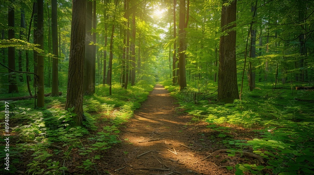 Obraz premium A lush green forest with sunlight filtering through the trees and a peaceful trail