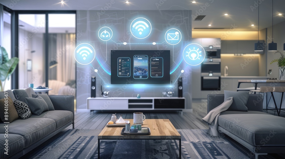 Modern Smart Home Living Room with Connected Devices Modern Smart Home Living Room with Connected Devices