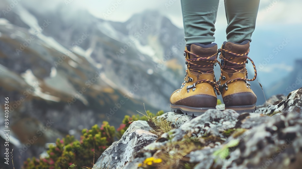 Hiking boots on rocky terrain with mountain landscape background, hiking, boots, rocky, terrain, mountain, landscape, outdoor, adventure, exploration, nature, wilderness, travel, footwear. Hiking boots on rocky terrain with mountain landscape background, hiking, boots, rocky, terrain, mountain, landscape, outdoor, adventure, exploration, nature, wilderness, travel, footwear.