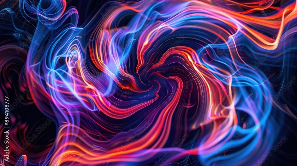 Fototapeta premium Abstract swirling neon light trails in a dark background