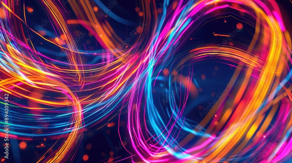 Abstract swirling neon light trails in a dark background Abstract swirling neon light trails in a dark background