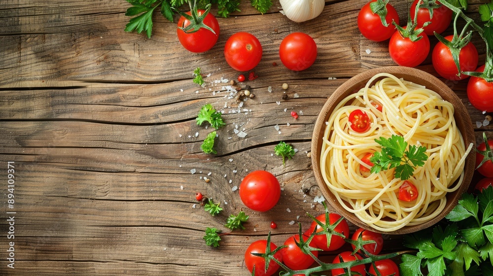 Spaghetti with tomatoes and parsley on wooden table for health conscious vegetarians Spaghetti with tomatoes and parsley on wooden table for health conscious vegetarians