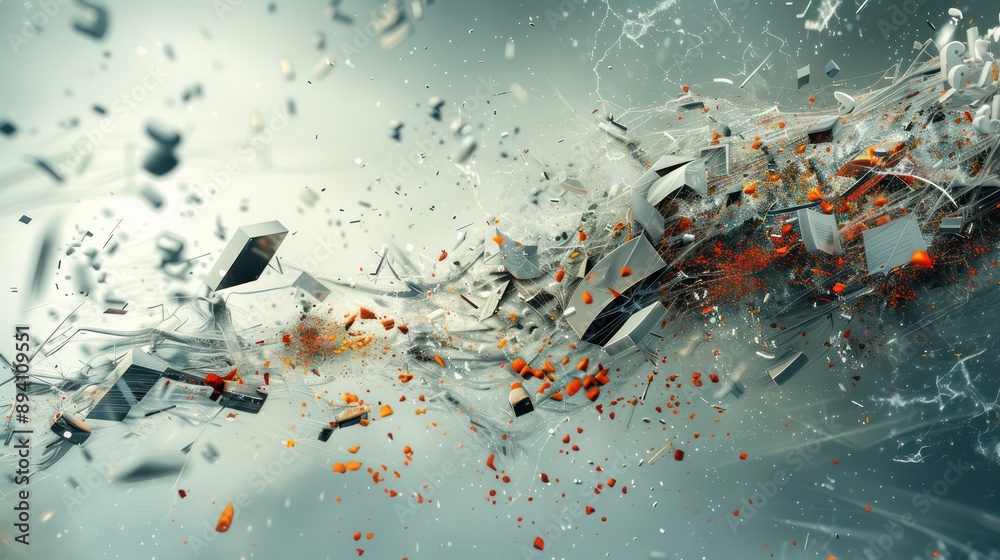 artistic interpretation of a corporate restructuring, with old corporate elements dissolving into particles and reassembling into a new structure artistic interpretation of a corporate restructuring, with old corporate elements dissolving into particles and reassembling into a new structure