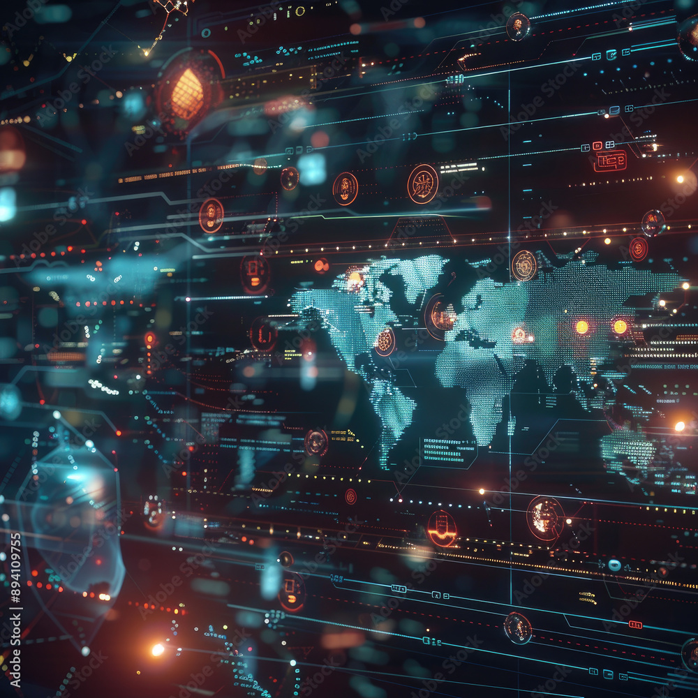 Fototapeta premium Futuristic Digital World Map Interface with Data Visualization and Global Network Connections