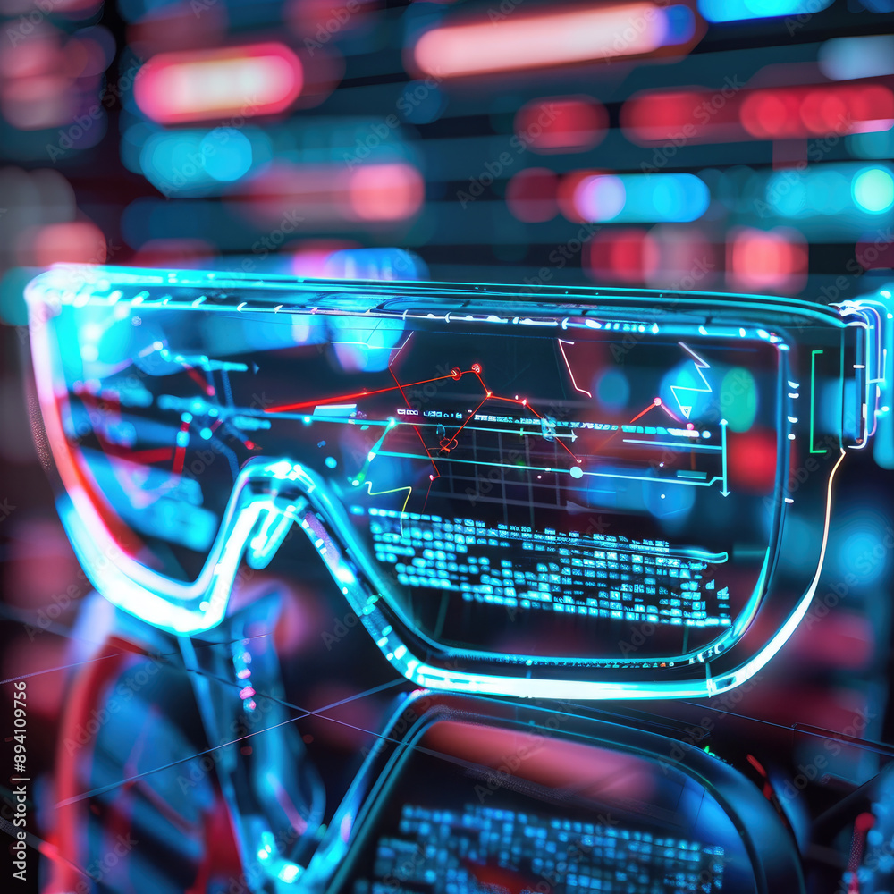 Obraz premium Futuristic Augmented Reality Glasses with Digital Interface in Neon Lights