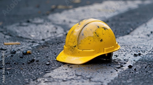 yellow hard hat in a high-risk construction environment. photo