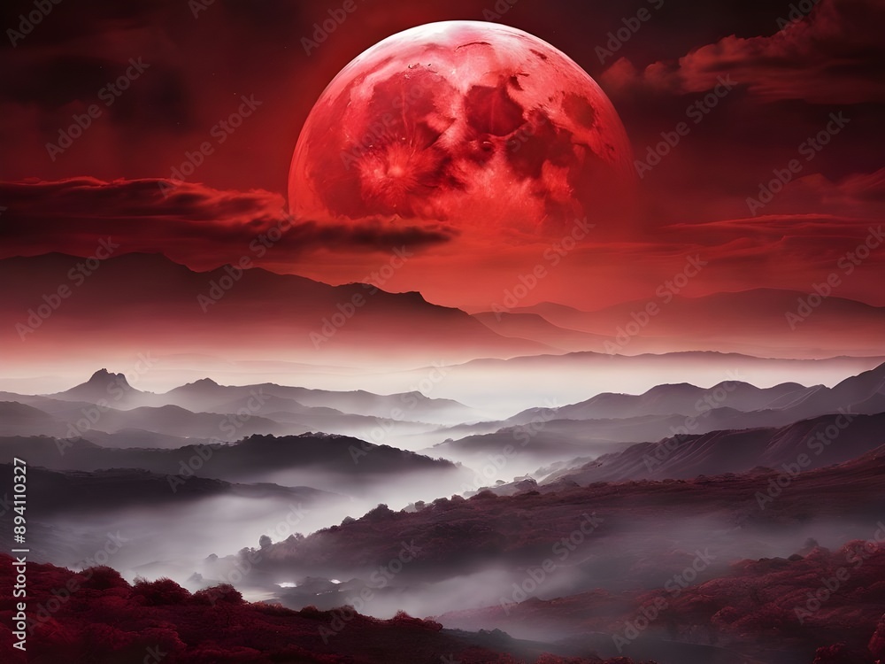 Fototapeta premium A mysterious, fog-shrouded landscape illuminated by a deep red blood moon. Generative AI