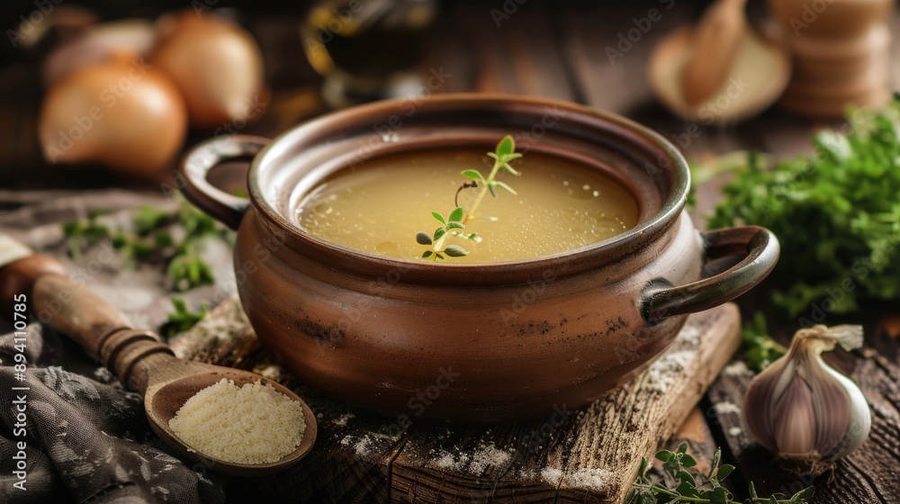 Rustic Chicken Broth with Ingredients Close-Up Rustic Chicken Broth with Ingredients Close-Up