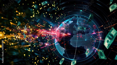 artistic representation of international finance, with currency symbols floating around a digital globe in a harmonious orbit