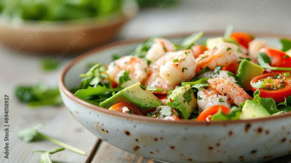A colorful seafood salad with crab leg meat, fresh greens, avocado, and cherry tomatoes. A colorful seafood salad with crab leg meat, fresh greens, avocado, and cherry tomatoes.