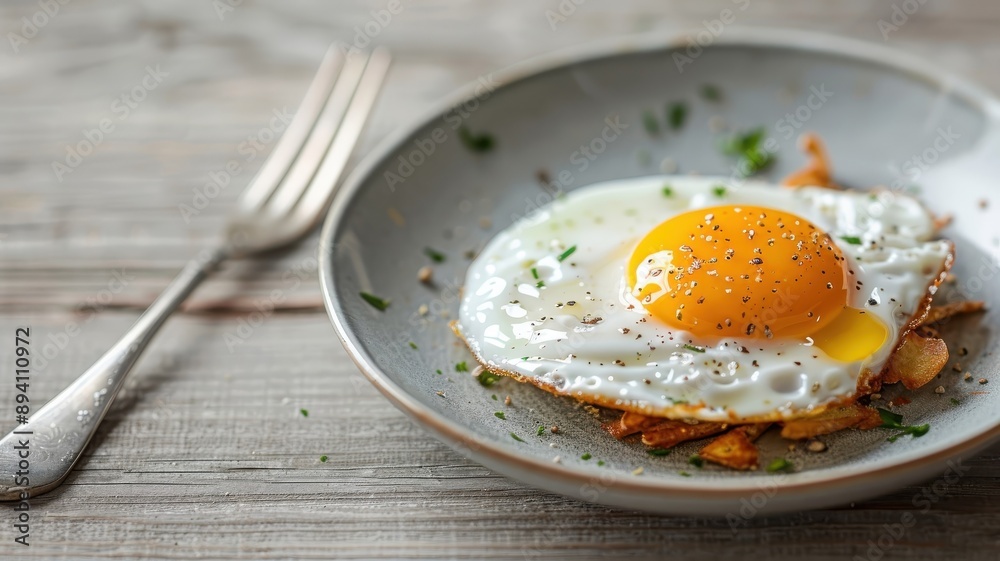 A perfectly cooked sunny-side-up egg on a bed of crispy hash browns. A perfectly cooked sunny-side-up egg on a bed of crispy hash browns.