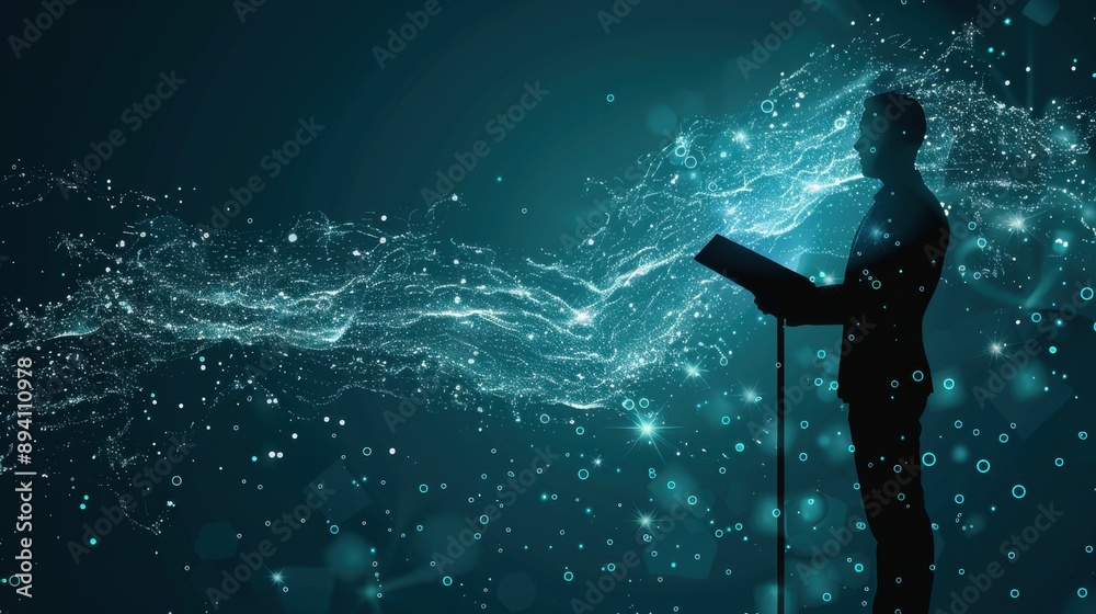 Silhouette of a person holding a book with abstract digital wave background, symbolizing technology and knowledge fusion. Silhouette of a person holding a book with abstract digital wave background, symbolizing technology and knowledge fusion.