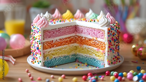 A beautifully decorated rainbow layer cake with smooth white icing and colorful rainbow sprinkles. The background captures a joyful gathering with friends and family, festive decorations,