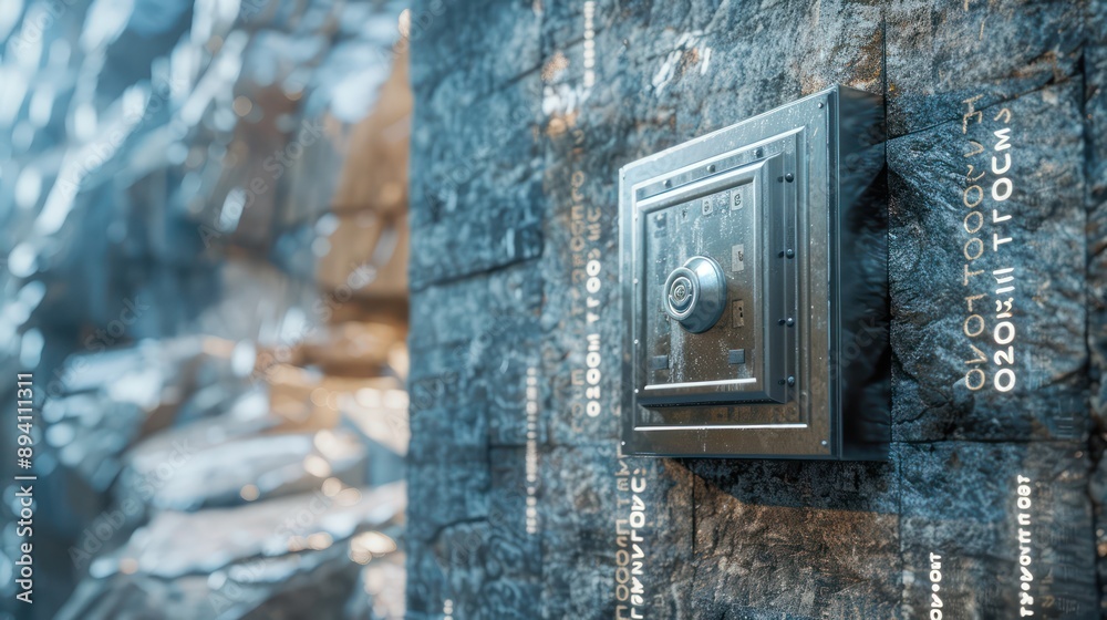 artistic representation of financial stability, with a giant steel safe embedded in a granite wall, surrounded by digital numbers artistic representation of financial stability, with a giant steel safe embedded in a granite wall, surrounded by digital numbers