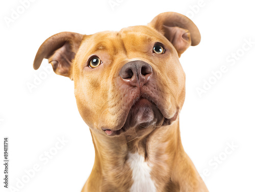 Curious Canine Gaze: A brown and white Pitbull stares intently with an inquisitive expression against a clean white backdrop. photo