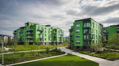 Complex of modern green apartment buildings with lush landscaping and cloudy sky