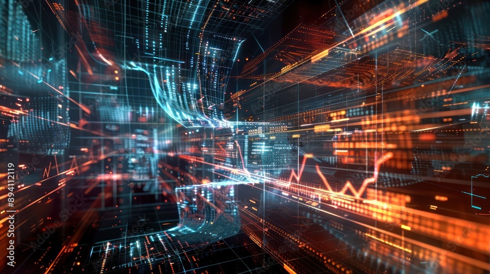 artistic visualization of derivative trading, with complex mathematical formulas and graphs weaving through a 3D space artistic visualization of derivative trading, with complex mathematical formulas and graphs weaving through a 3D space