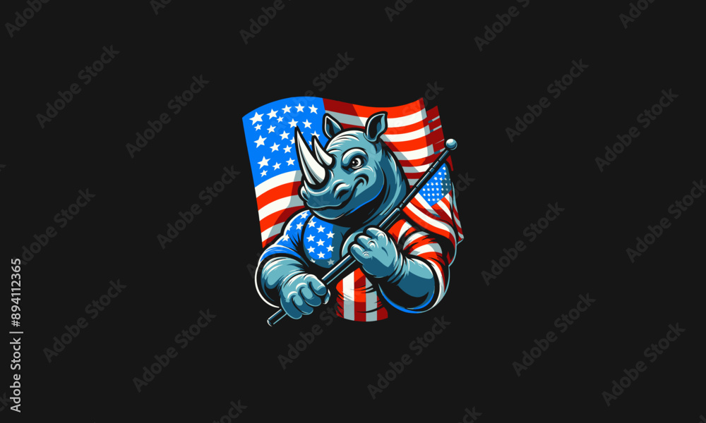rhino holding flag american vector mascot design rhino holding flag american vector mascot design