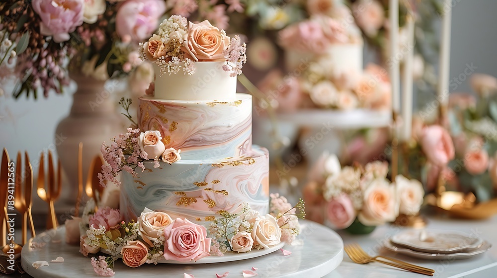 A cake with a smooth marble effect in soft pastel colors, accented with delicate metallic gold leaf. The background features an elegant dessert table with gold utensils and floral arrangements, A cake with a smooth marble effect in soft pastel colors, accented with delicate metallic gold leaf. The background features an elegant dessert table with gold utensils and floral arrangements,