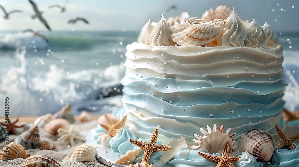 A cake with textured blue and white frosting waves, topped with detailed edible seashells and starfish, creating a coastal vibe. A cake with textured blue and white frosting waves, topped with detailed edible seashells and starfish, creating a coastal vibe.