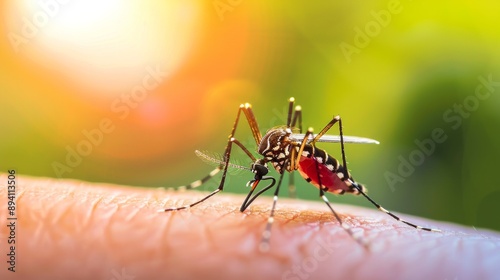 Mosquito that carries dengue fever, Zika virus is sucking blood on human skin.