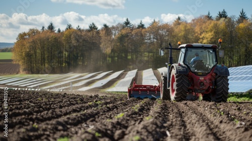 Electric tractor plowing farm fields with solar panels charging battery, demonstrating commitment to eco-friendly agriculture and sustainable farming practices