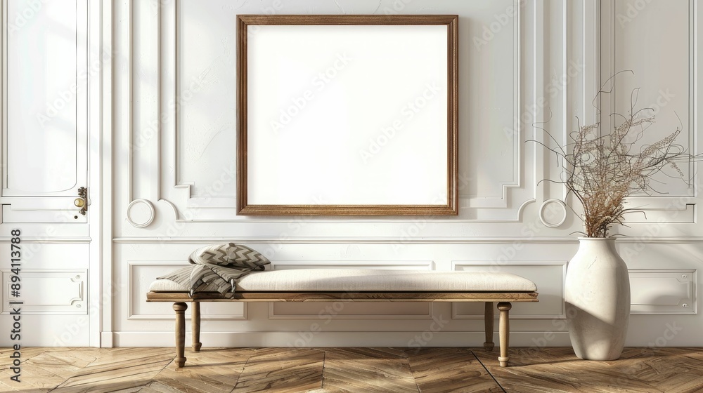 Blank wall frame a simple bench in a Scandinavian-style room Blank wall frame a simple bench in a Scandinavian-style room
