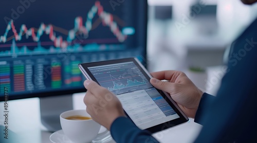 Successful Business Professional Analyzing Stock Market Data on Tablet While Enjoying Coffee in Modern Office Setting