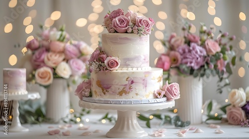 A delicate marble cake in soft lilac and white, highlighted with elegant metallic gold leaf. The background includes a dreamy wedding setup with fairy lights and floral decorations, hd quality,