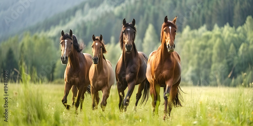 Rebanho de cavalos selvagens em um prado photo