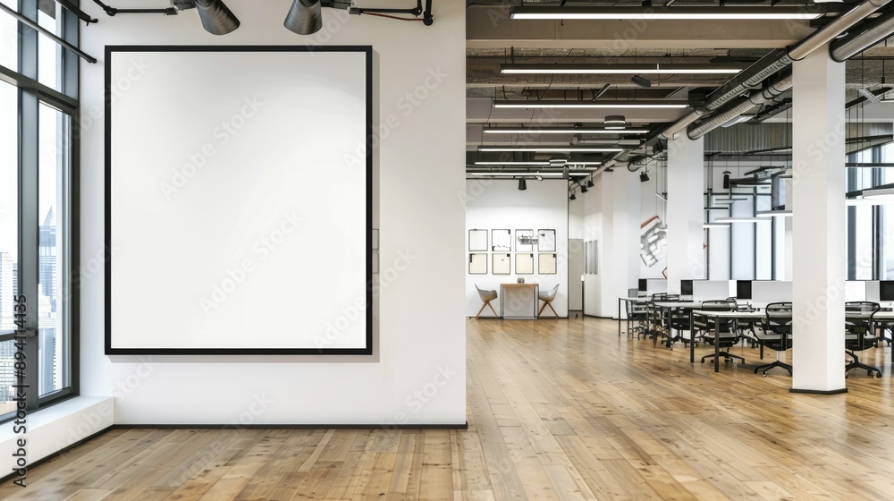 Blank wall frame in a modern, white-walled gallery space Blank wall frame in a modern, white-walled gallery space