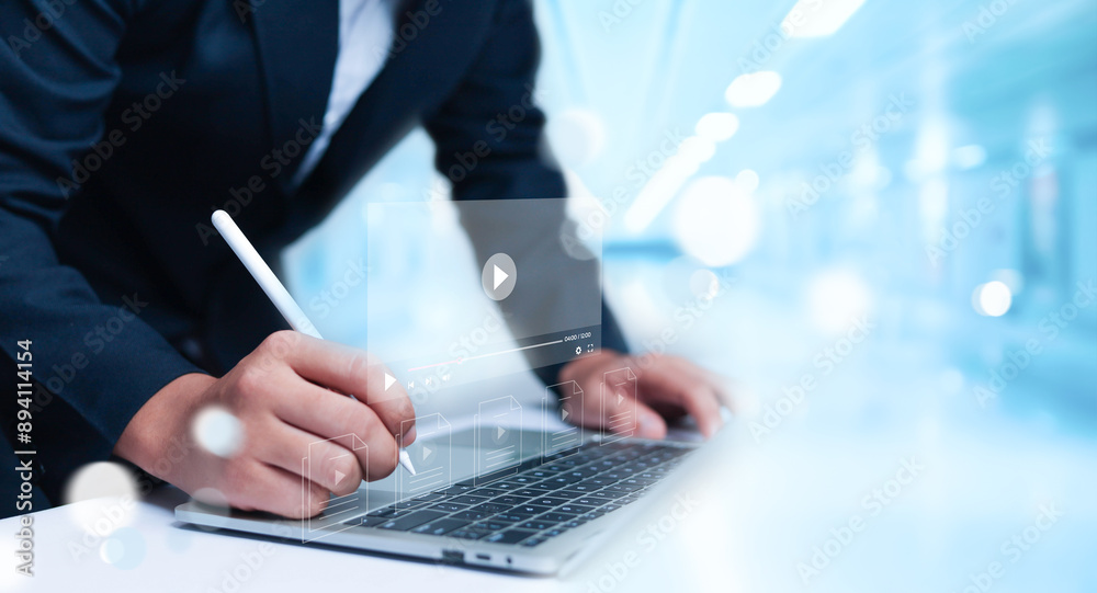 Businessman watching online live stream, live streaming video on internet, studying online, digital multimedia player concept	
