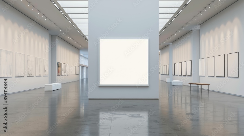 Blank wall frame in a modern, white-walled gallery space Blank wall frame in a modern, white-walled gallery space