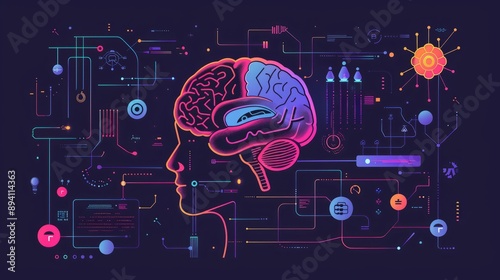 Artificial intelligence concept with a creative brain background - futuristic digital brain visualization with neural network connections and data streams representing advanced technology and ai innov photo