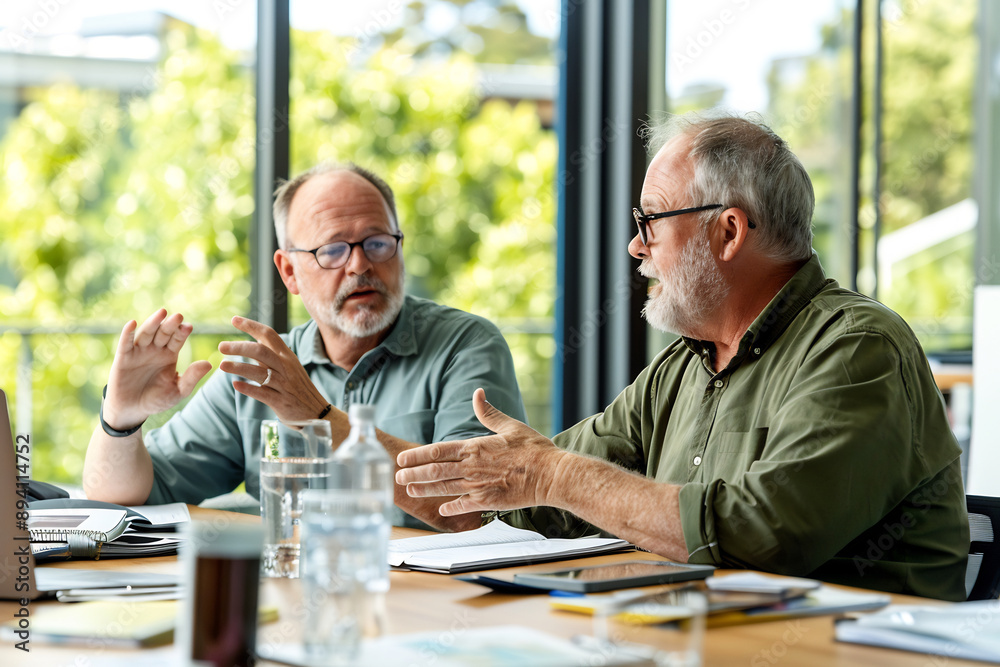 Two senior men having a serious discussion at a table with documents and glasses of water, bright and airy office setting Two senior men having a serious discussion at a table with documents and glasses of water, bright and airy office setting