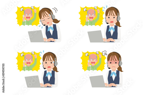 クレーム対応する女性オペレーター　表情セット