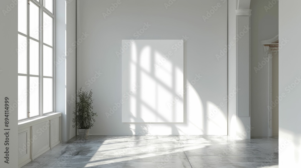 Blank wall frame in a modern, white-walled gallery space Blank wall frame in a modern, white-walled gallery space