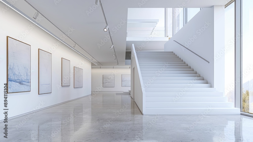 Fototapeta premium Blank wall frame in a modern, white-walled gallery space