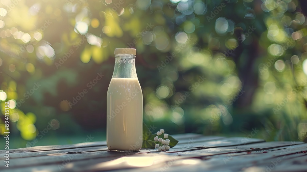 Beautiful glass bottle of milk on wooden desk table with nature background - ideal for food and drink concepts, dairy product promotions, and natural lifestyle themes with space for text, cards, banne