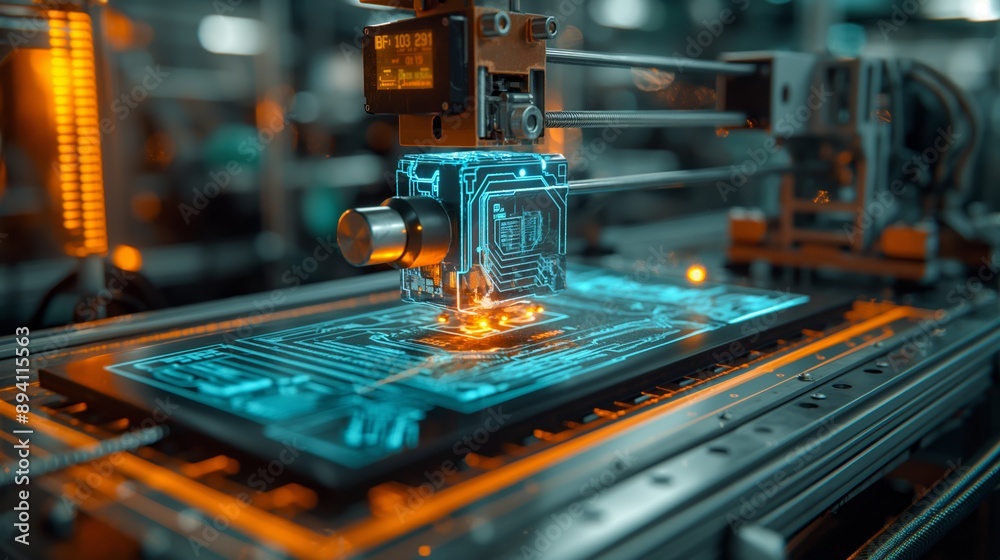 Futuristic Tech Manufacturing with Circuit Board in Precision Engineering Setup Futuristic Tech Manufacturing with Circuit Board in Precision Engineering Setup