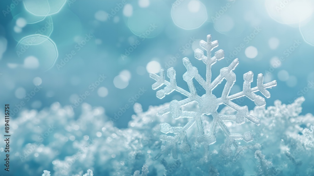 Exquisite Hexagonal Snowflake Crystal with Romantic Christmas Theme on Light Blue Background. Perfect for Festive Posters and Banners Exquisite Hexagonal Snowflake Crystal with Romantic Christmas Theme on Light Blue Background. Perfect for Festive Posters and Banners