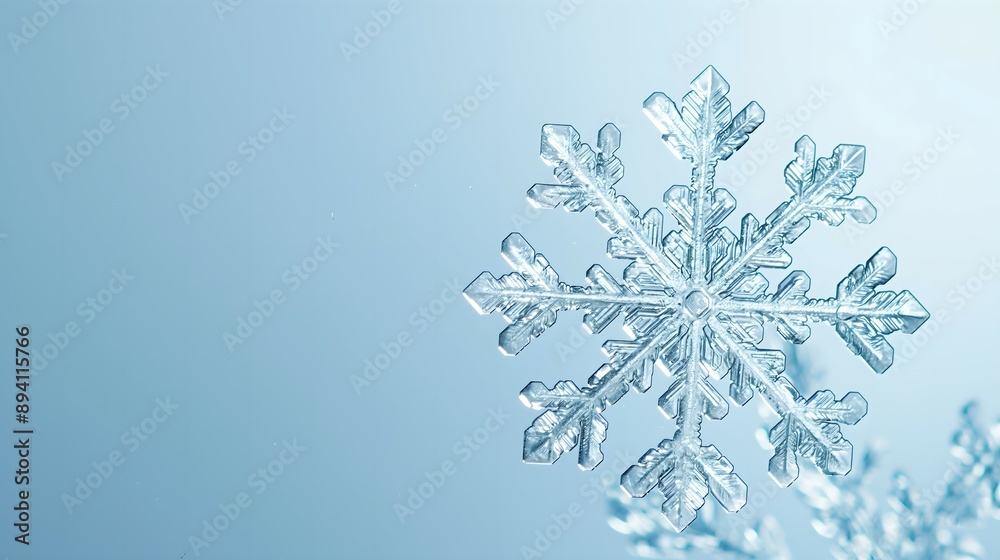 Exquisite Hexagonal Snowflake Crystal with Romantic Christmas Theme on Light Blue Background. Perfect for Festive Posters and Banners