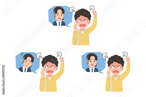 オペレーターに固定電話で苦情を言うシニア　表情セット