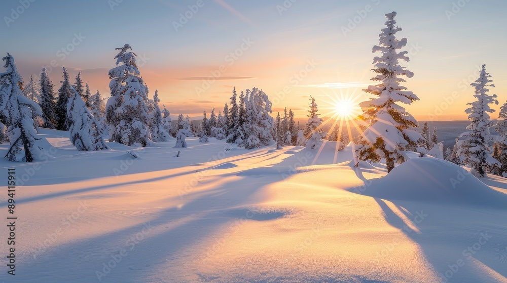 Fototapeta premium Sunrise Over Snow-Covered Pine Forest