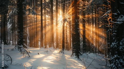 Sunlight Filtering Through Winter Forest