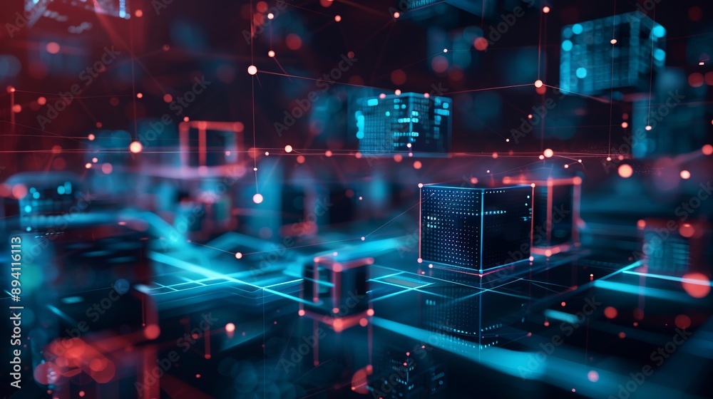 Fototapeta premium 3d illustration of nanotech cubes in cyberspace representing decentralized global database structure, blockchain technology, and big data information flow in a high-tech, futuristic digital environmen