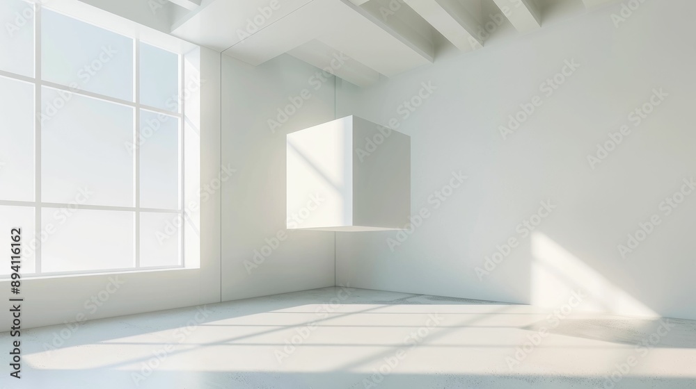 Fototapeta premium Blank white box mockup levitating in a minimalistic room
