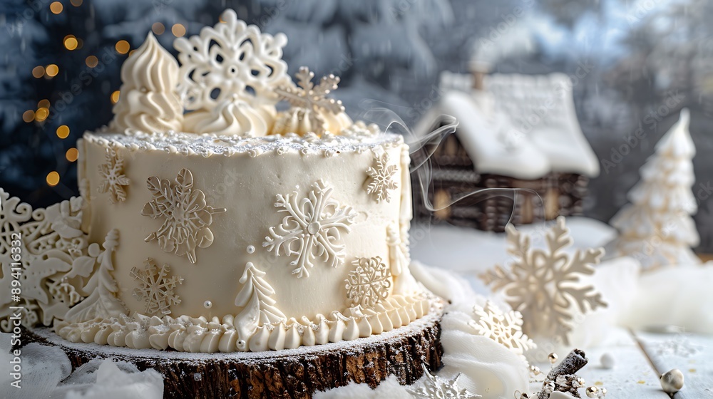 Fototapeta premium A winter wonderland cake with intricate white and silver decorations, snowflakes, and sparkling edible glitter.